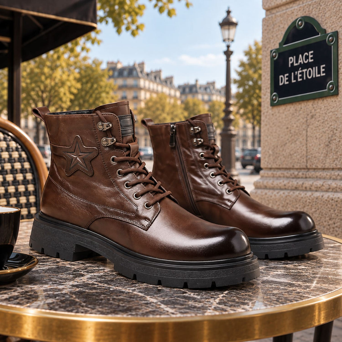 Bottines homme Marron avec motif étoile sur le cité posé sur une able en marbre devant la place de l'étoile a Paris