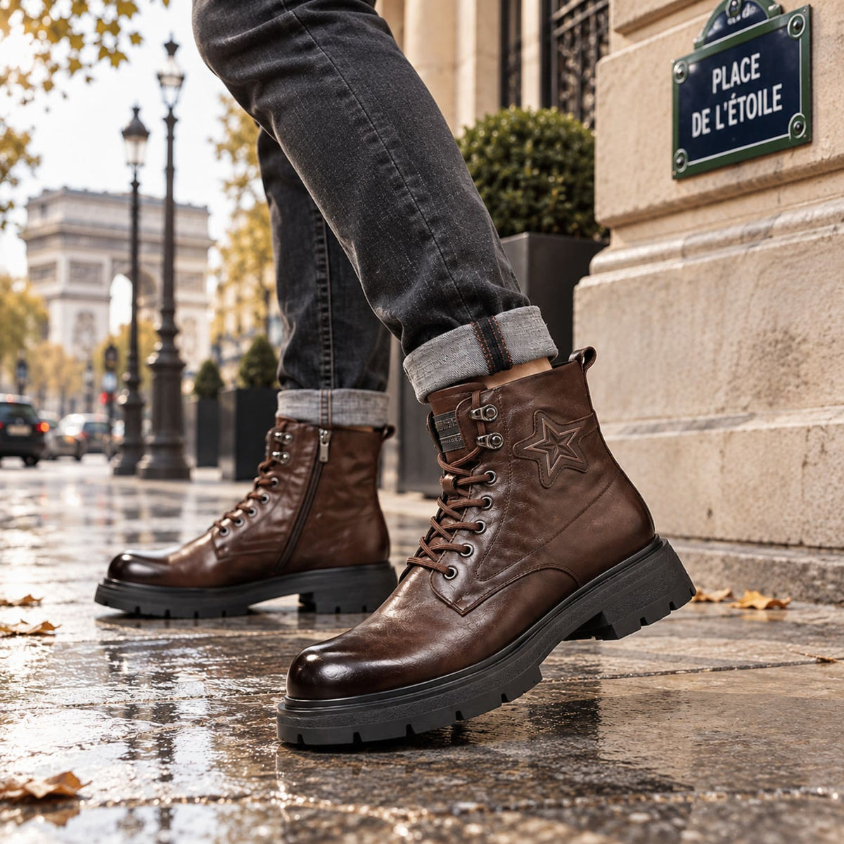 Bottines homme Marron avec motif étoile chaussé avec un jeans 