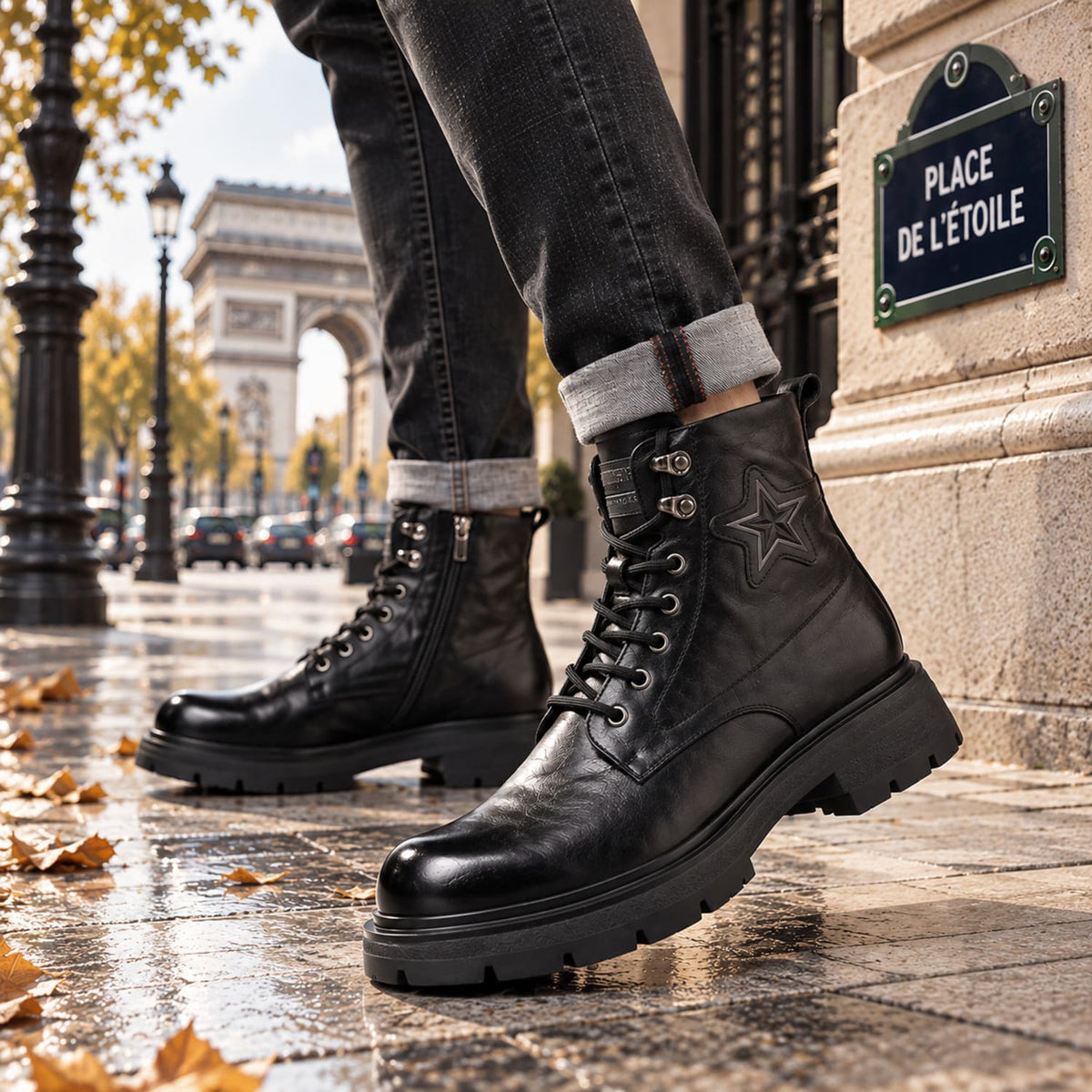 Bottines homme en cuir à lacets et fermeture zippée Étoile Noir