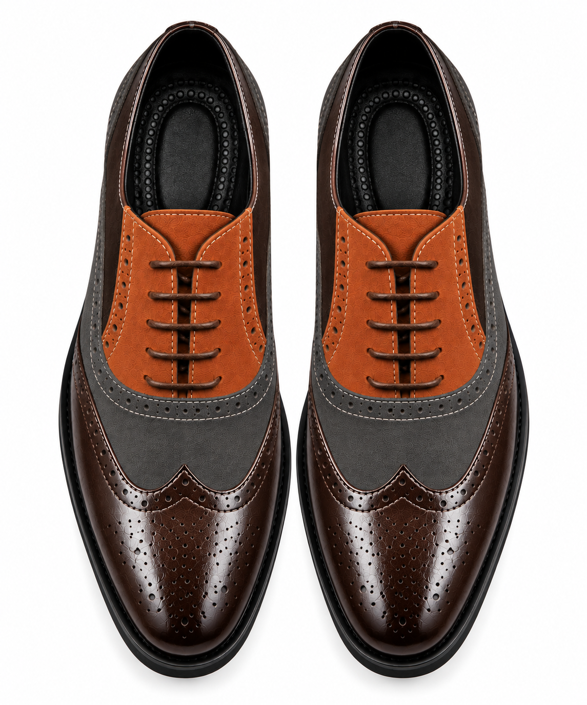 Chaussures Oxford homme à lacets Style Brogue Trocadéro Marron, Gris et Cognac vu de haut sur fond blanc 
