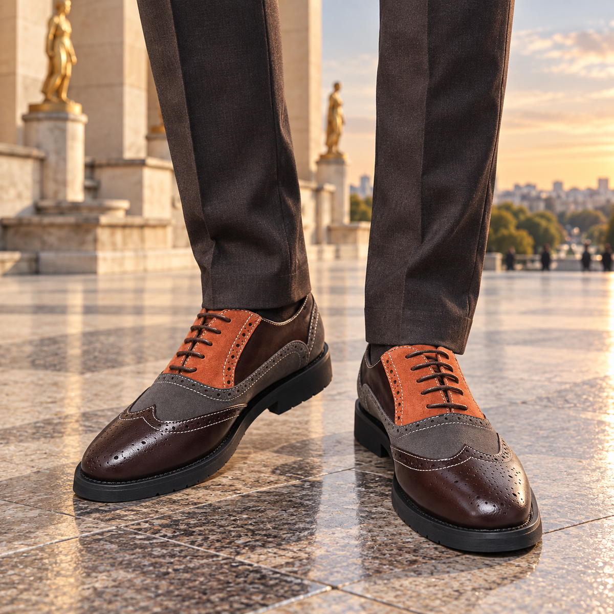 Chaussures Oxford homme à lacets Style Brogue Trocadéro Marron, Gris et Cognac porter avec un pantalon gris foncé  