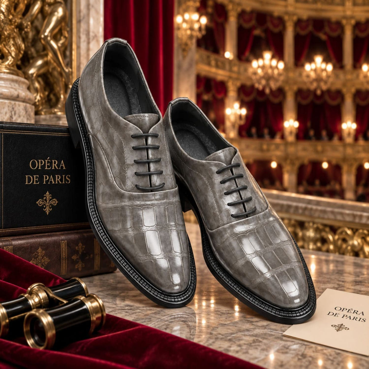  Chaussures Oxford homme Opéra Gris effet crocodile, mises en scène dans le décor luxueux de l'Opéra de Paris – MARCO VILLAS PARIS