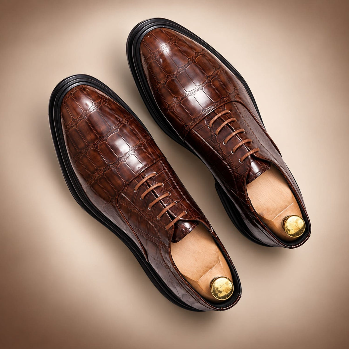 Chaussure Oxford homme à lacets effet crocodile Opéra Marron