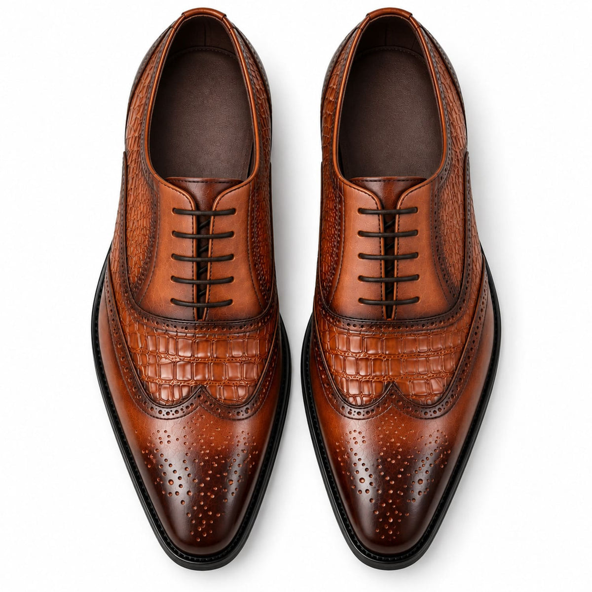 Chaussures Oxford homme à lacets effet crocodile République Marron vu de haut sur fond blanc 