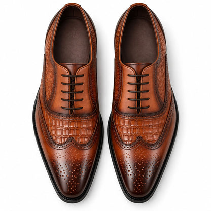 Chaussures Oxford homme à lacets effet crocodile République Marron vu de haut sur fond blanc 