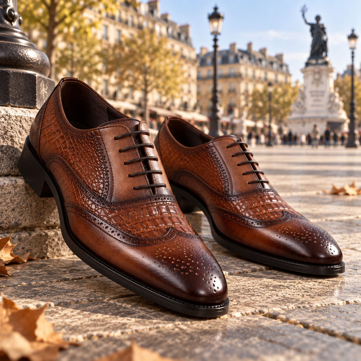 Chaussures Oxford homme à lacets effet crocodile République Marron poser devant la place de la républic 