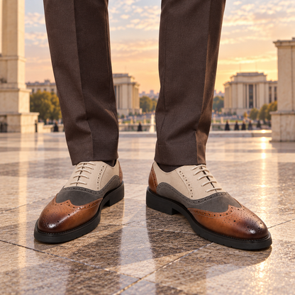 Chaussures Oxford homme Trocadéro beige, gris et marron, style brogue avec détails perforés chaussé avec un pantalon marron dans la rue  - MARCO VILLAS PARIS"