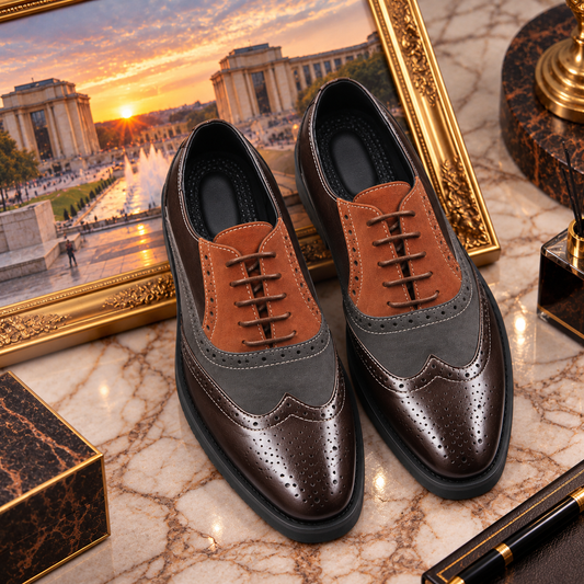 Chaussures Oxford homme à lacets Style Brogue Trocadéro Marron, Gris et Cognac posé sur un marbre et un cadre doré